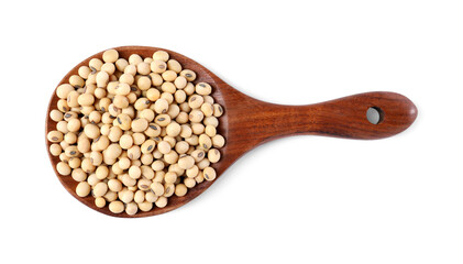 Spoon with soy beans isolated on white, top view