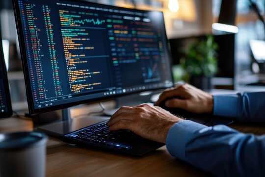 A person in a blue shirt is intensely focused on coding, hands on the keyboard, surrounded by a modern office environment illuminated by natural light