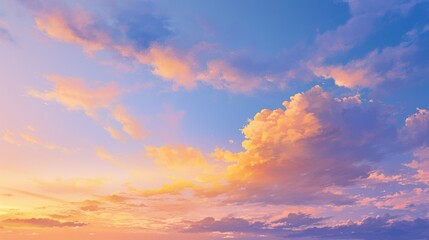 Fototapeta premium Vibrant sunset sky with pastel clouds, showcasing a tranquil blend of warm and cool hues.