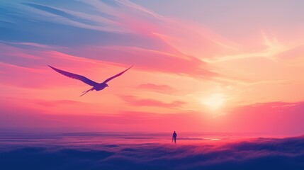Naklejka premium A silhouetted figure stands in a tranquil landscape as a bird soars against a vibrant sunset sky.