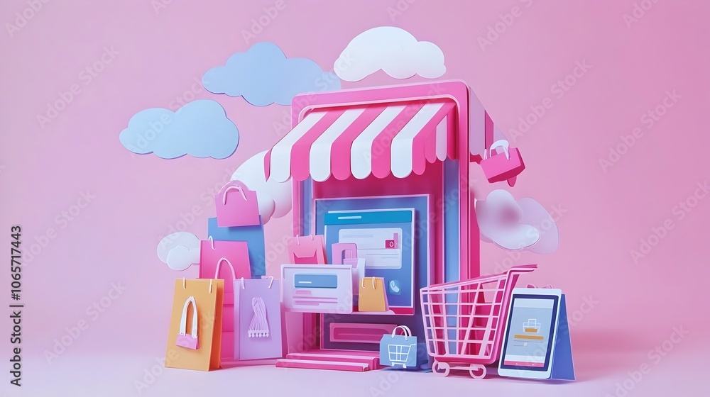 Poster vibrant layered paper cut style of an online shopping cart display with diverse products icons and d