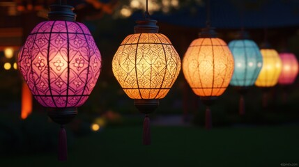 Obraz premium Colorful Decorative Lanterns Glowing in the Evening