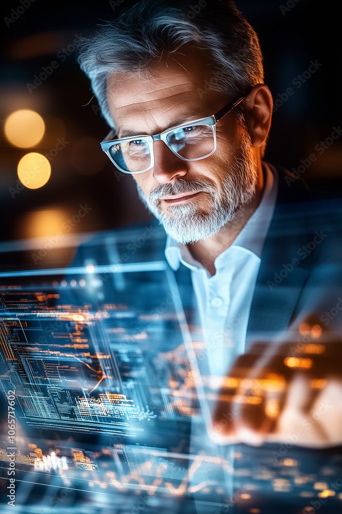 Poster a dedicated worker examines intricate data visualizations on a sleek interface in a contemporary off