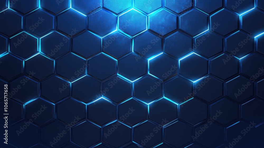 Poster abstract blue hexagonal pattern with glowing lines, creating a futuristic and tech-inspired atmosphe