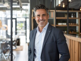 Fototapeta premium Portrait of a smiling businessman in a modern office, showcasing his leadership qualities