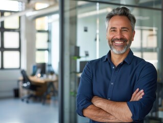 Fototapeta premium Portrait of a smiling businessman in a modern office, showcasing his leadership qualities