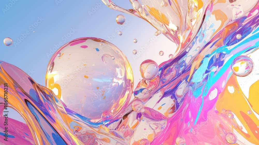 Poster colorful abstract liquid with bubbles, creating a mesmerizing wave-like structure under soft lightin