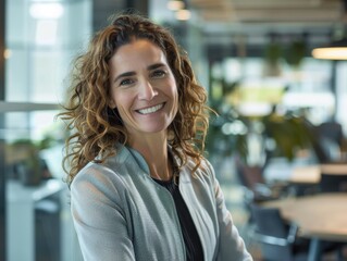 Fototapeta premium Portrait of a smiling businesswoman in a modern office, showcasing her leadership qualities
