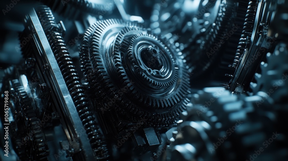 Poster close-up of intricate metallic gears showcasing mechanical complexity and design.