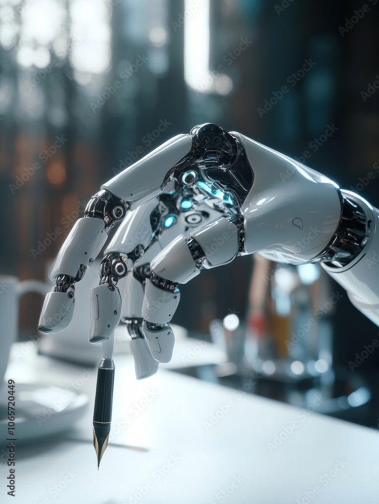 Aufkleber a robotic prosthetic hand is holding a pen delicately, showcasing advanced engineering and precision
