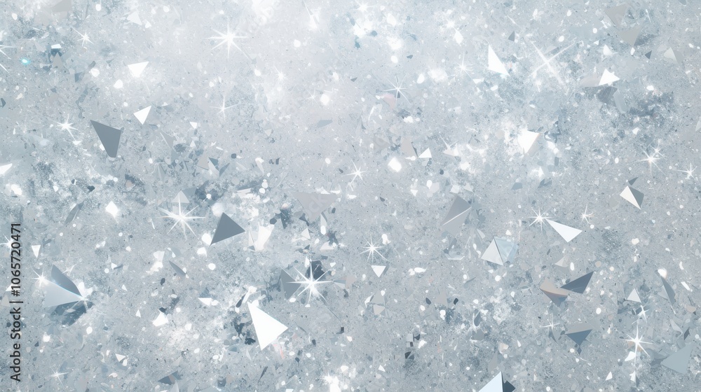 Poster a shimmering silver background filled with sparkling crystals and glittering geometric shapes, creat