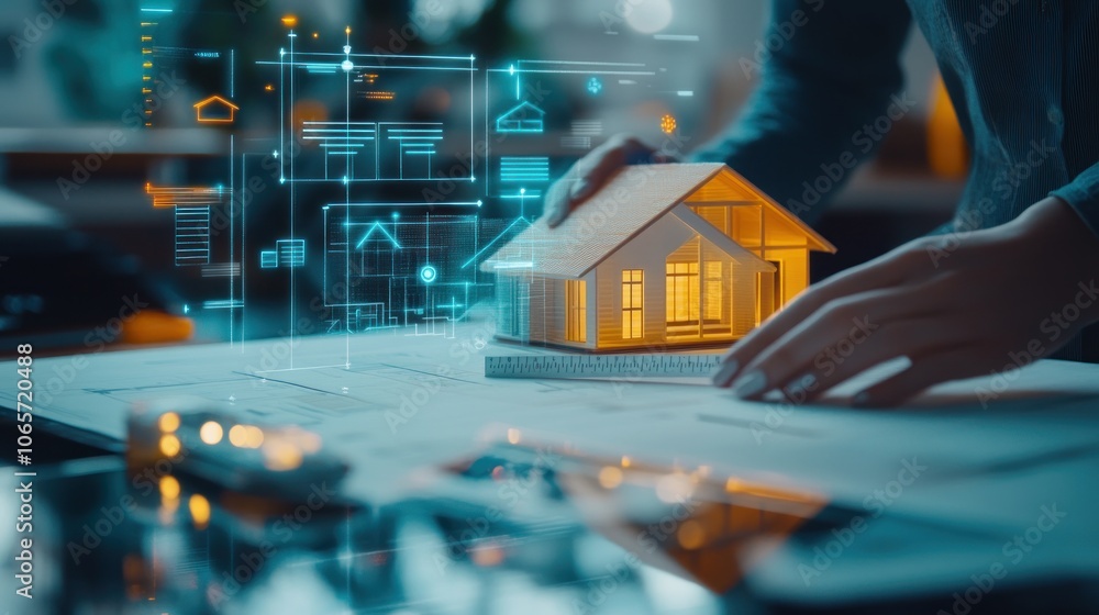 Poster a person designing a house model with digital blueprints in a modern workspace.