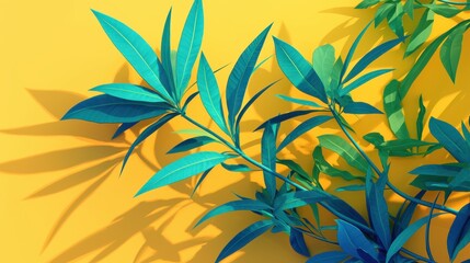 Fototapeta premium Vibrant botanical arrangement with teal leaves against a bright yellow background, creating a lively atmosphere.