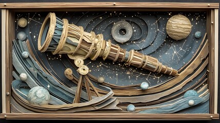 Layered paper cut style of a telescope surrounded by planets stars galaxies and other cosmic...