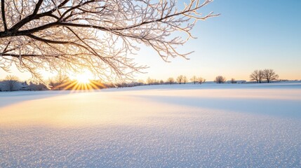 Frosty Tree Branches with Glittering Snow at Sunrise