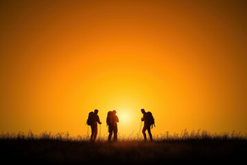 Fototapeta premium Hikers silhouette enjoying a sunset hike on a grassy landscape during golden hour