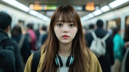 都会の通勤者：混雑した地下鉄の駅でヘッドフォンをしている若い女性