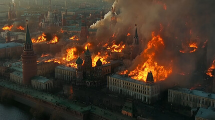 Large-scale fire engulfing historic buildings in a city during a dramatic evening with thick smoke and towering flames