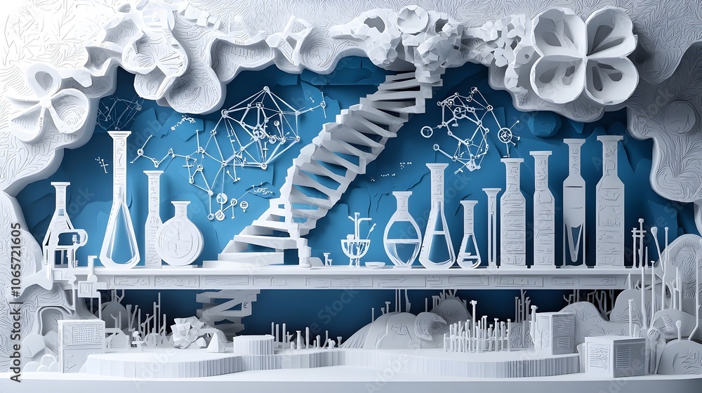 Poster visually striking paper cut style depicting a bioengineering laboratory setting with layered dna str
