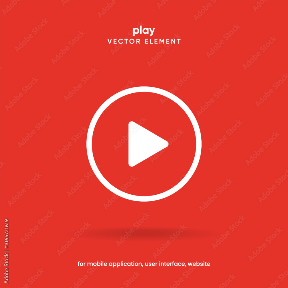 Poster Flat style red play button icon. Start sign. Play music or sound vector element for UI UX, website, mobile app.