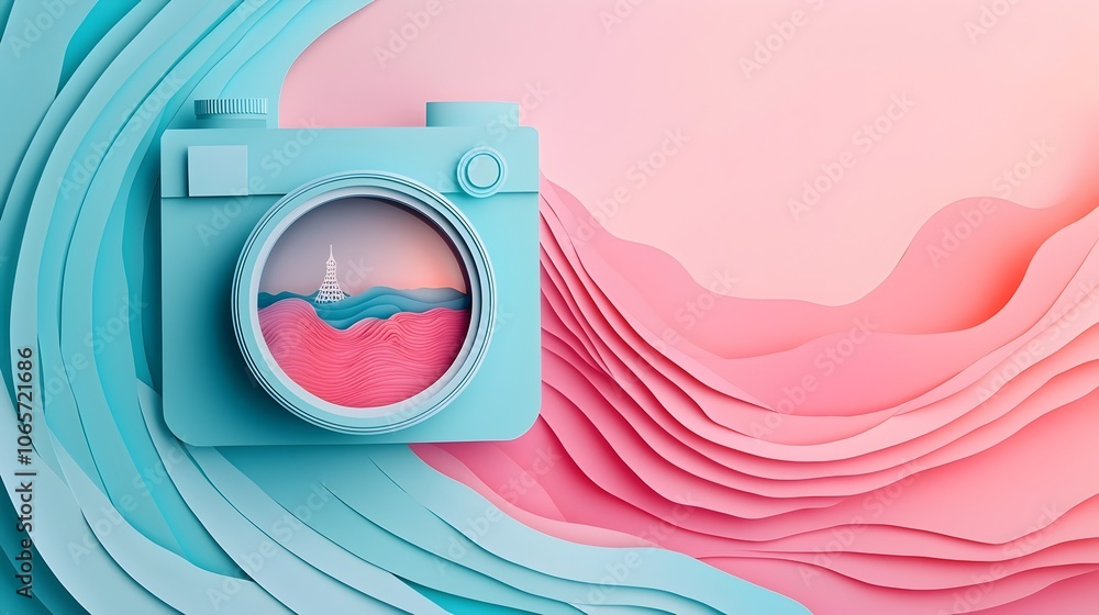 Poster visually striking paper cut style image with layered colorful scenic design elements inside the the 