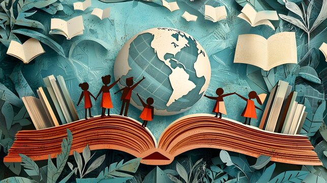 Layered paper cut style showcasing the concept of education for all with stacked books diverse children and a globe in the background