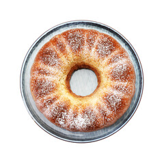 Freshly baked sponge cake isolated on white, top view