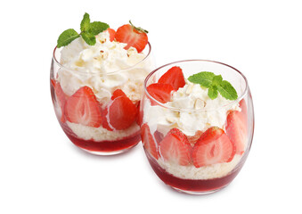 Tasty trifle dessert. Sponge cake, strawberries, jam and whipped cream in glasses isolated on white