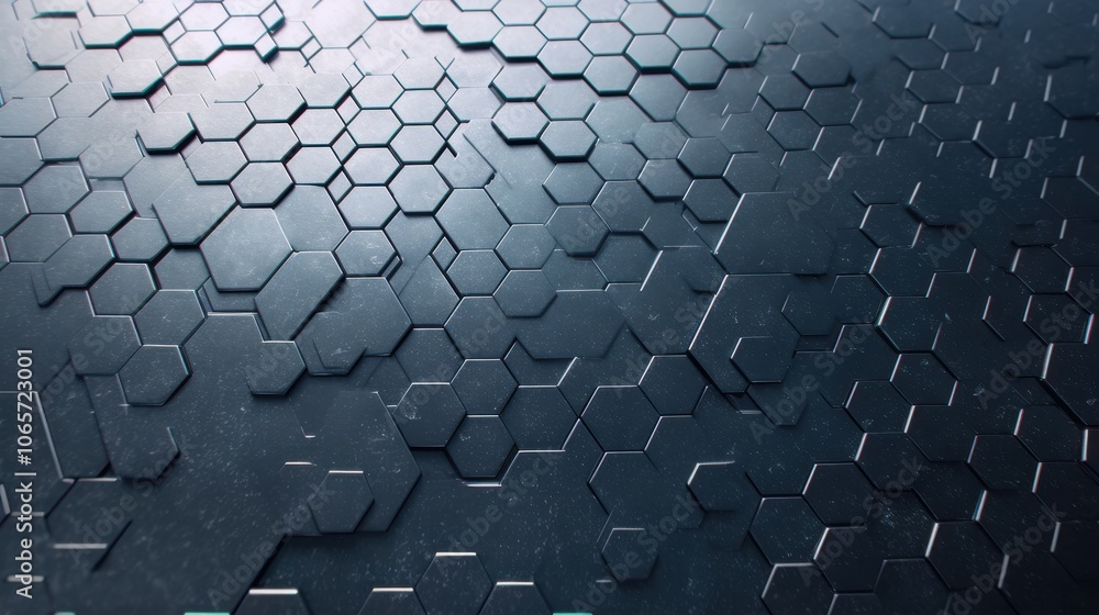 Poster Abstract close-up of a dark, hexagonal pattern with metallic textures, creating a modern and futuristic atmosphere.
