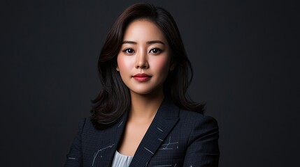 Fototapeta premium A confident woman in a stylish blazer poses against a dark background, exuding professionalism and poise.