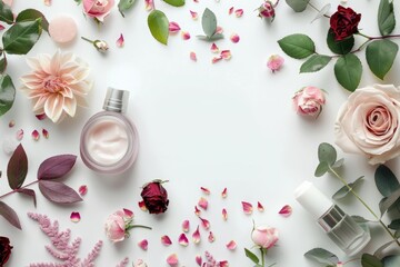 Organic spa beauty frame with skincare products and flowers