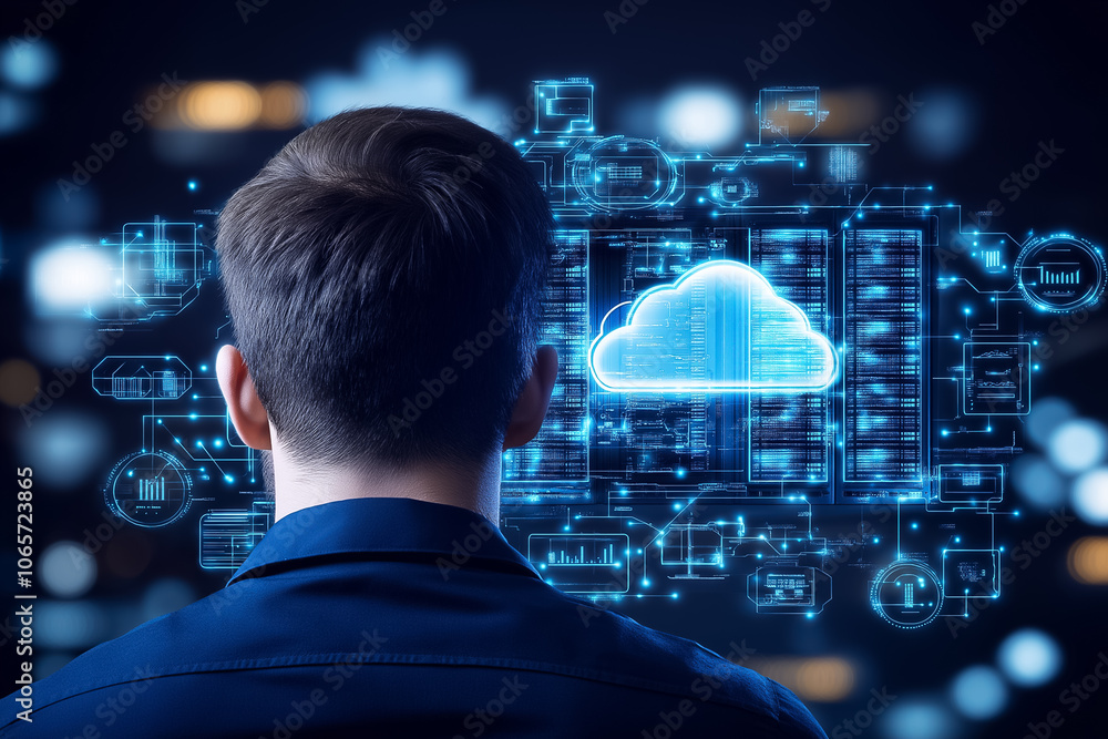 Poster a person studies cloud computing visuals in a futuristic environment at a tech event, deep in though
