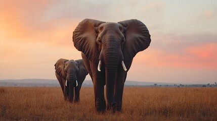 Obraz premium Majestic elephants roam freely in the vast open savanna as the sun sets creating a serene and picturesque landscape