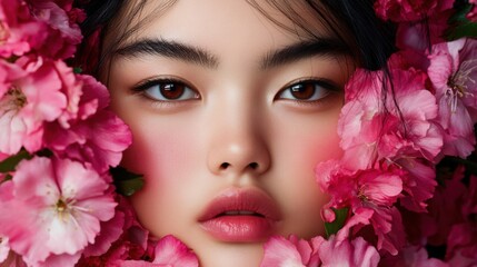 Naklejka premium 鮮やかなピンクの花と柔らかいチークのメイクに囲まれた女性のポートレート