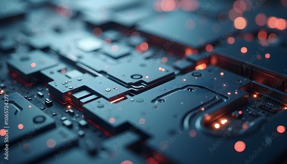 Poster smooth metallic texture with geometric shapes and embedded lights representing advanced ai integrati