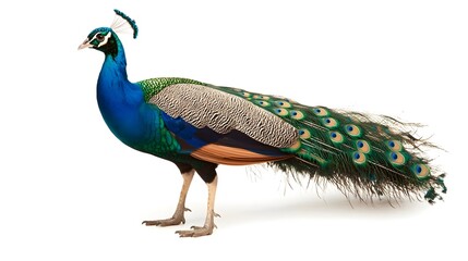 Fototapeta premium Majestic peacock showcasing its stunning colorful feathers in a natural environment The bird s ornate vibrant plumage is on full display creating a captivating and elegant scene