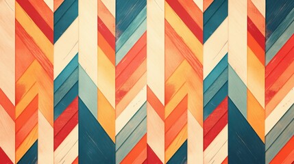 Fototapeta premium A vibrant and colorful chevron pattern featuring warm and cool tones in shades of red, blue, yellow, and cream.