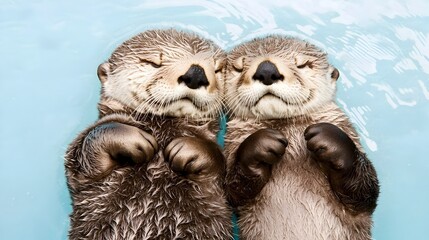 Obraz premium Pair of Adorable and Playful Sea Otters Floating on Their Backs in a Peaceful Aquatic Environment Representing the Beauty and Tranquility of Nature