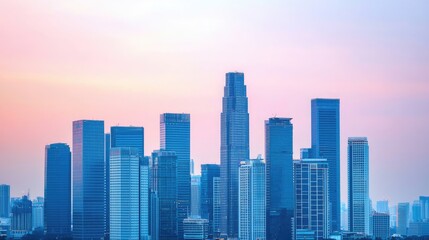 Obraz premium A skyline of modern skyscrapers against a pastel sunset, showcasing urban architecture and a vibrant city atmosphere.
