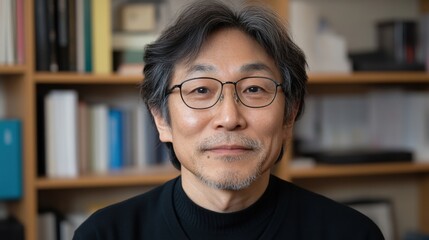 オフィス環境で笑顔を見せる眼鏡をかけた中年の男性