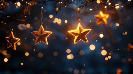 Festive Stars in Winter Wonderland Scene, capturing the magic of the season with twinkling lights, snow-dusted branches, and golden stars symbolizing hope, joy, celebration, wonder, and magic.
