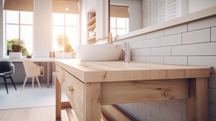 Fototapeta premium Modern Wooden Table in Bright Kitchen Setting