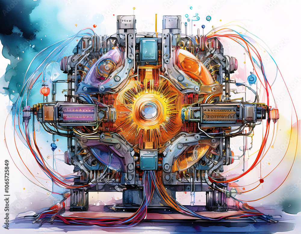 Poster a complex cube-shaped machine with intricate wiring and glowing components