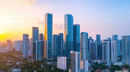 Fototapeta premium A vibrant city skyline at sunset, showcasing modern skyscrapers and a blend of urban architecture against a colorful sky.