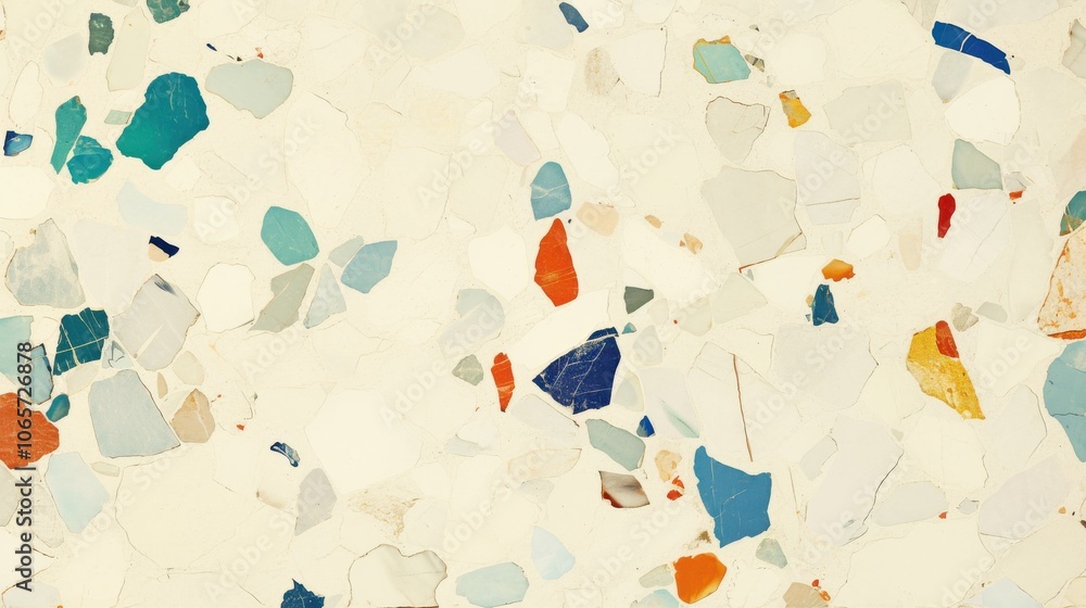 Poster a vibrant abstract terrazzo pattern featuring assorted colorful stones on a light background.