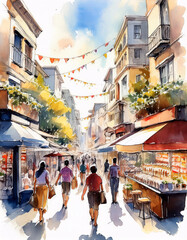 Fototapeta premium Vibrant watercolor illustration of European street market with shoppers strolling past cafes and shops under colorful awnings, balconies adorned with flowers