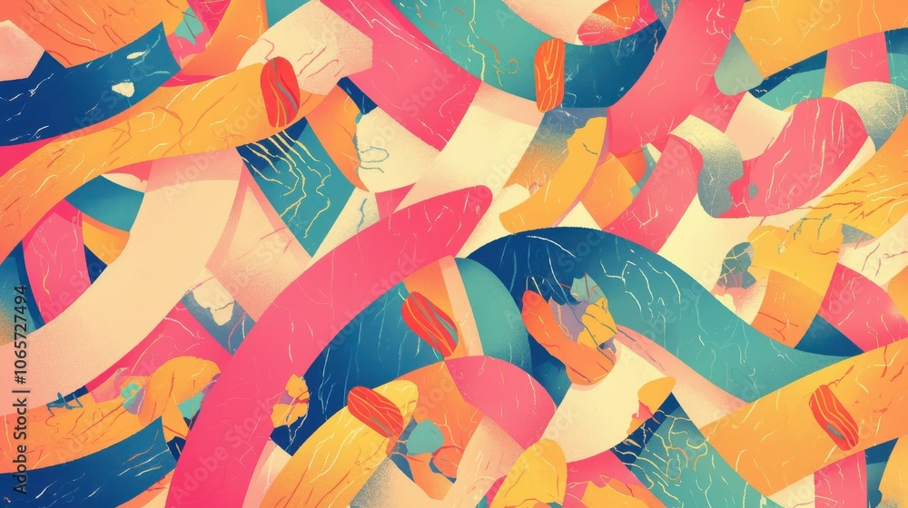 Poster a vibrant abstract pattern featuring colorful swirls and shapes in a playful, dynamic composition.
