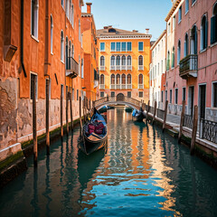 Obraz premium Gondolas glide through a picturesque Venetian canal lined with colorful buildings and a grand dome in the distance
