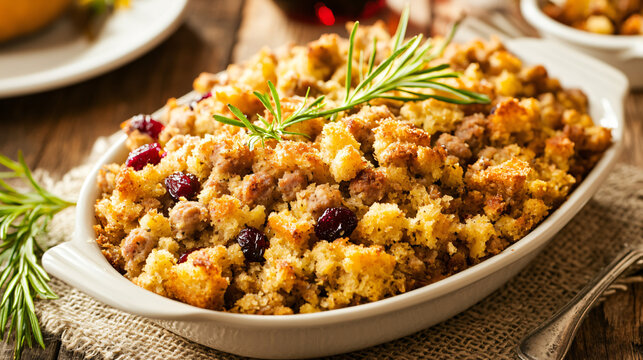 Cornbread stuffing baked with sausage and cranberries for a festive Thanksgiving dinner.