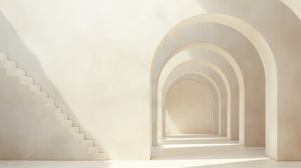 A serene interior featuring subtle curves and soft light highlights elegant archways and a staircase.